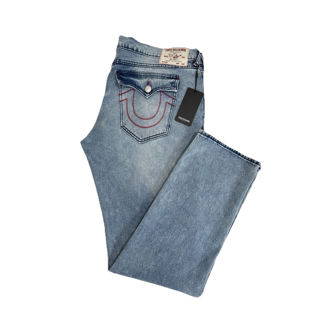 NWT True Religion Ricky Big T Flap Straight Jeans Men 42 Medium Light Wash